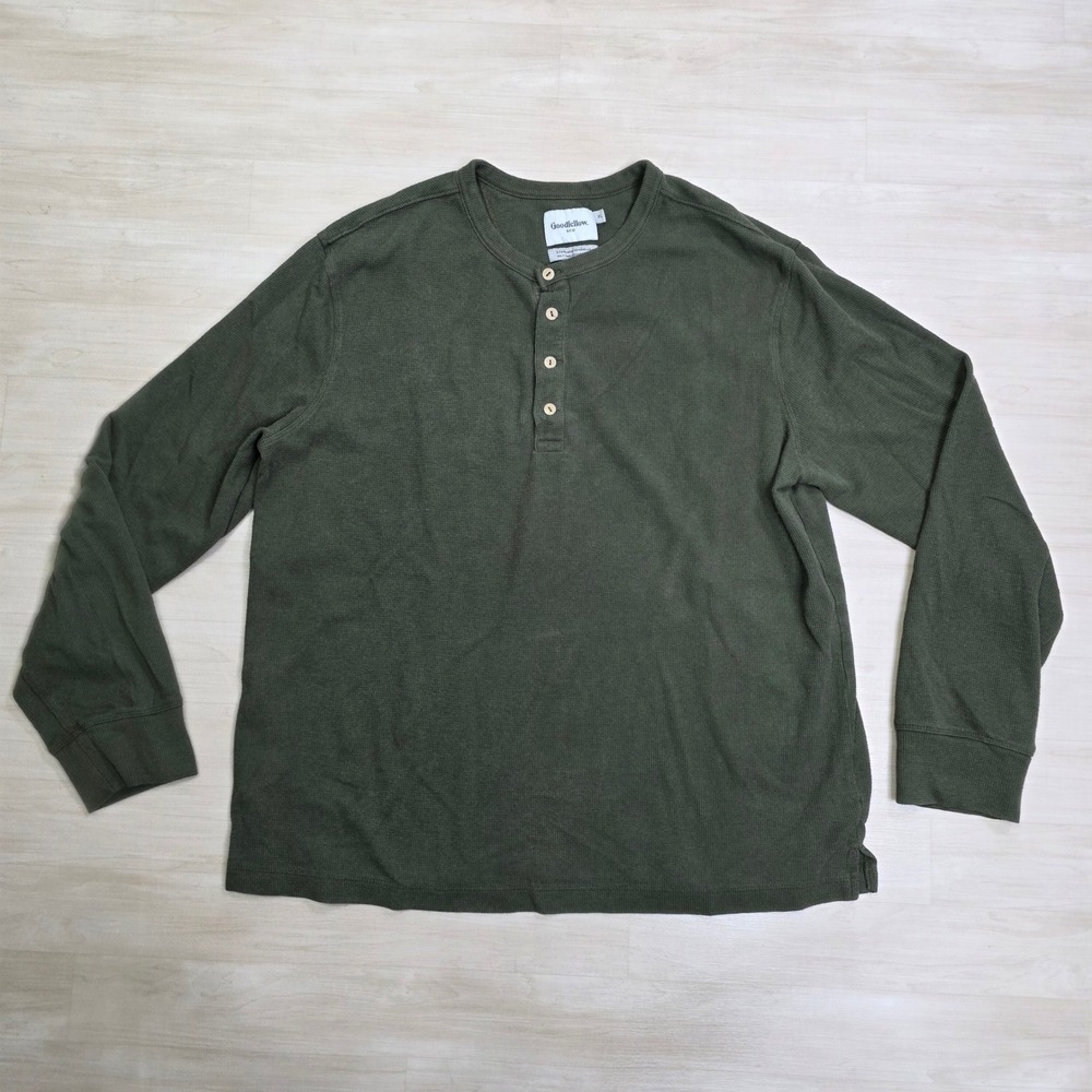 Goodfellow & Co Mens XL Olive Green Waffle Knit Thermal Henley Long Sleeve Shirt